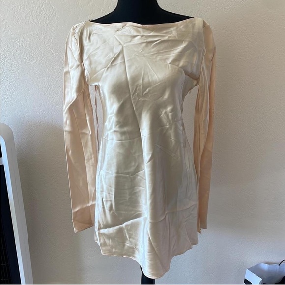 NWT ZARA x KAIA Gerber Nude Satin Long Bell Sleeve Mini Dress S - Picture 4 of 5